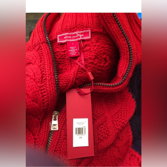 TOMMY HILFIGER High Neck Zip Sweater in Cabernet Multi Sz L made in italy - Picture 5 of 6